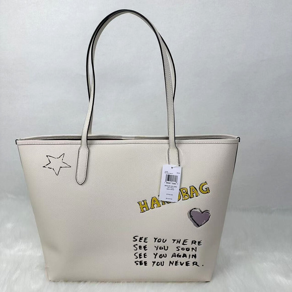 Coach City Tote Bag With Sketch Print Double Face Leather Chalk Multi NWT CAK18 - Picture 3 of 11